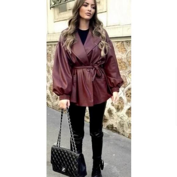 NWOT Zara Blogger Maroon Faux Leather Belted Oversized Blazer Jacket. - Picture 4 of 11